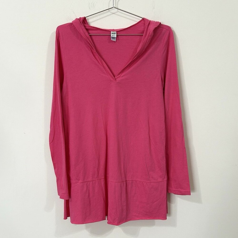 KAVIO Pink Knit Tunic Sz M Women’s V-Neck Hoodie Long Sleeve Slit Hem